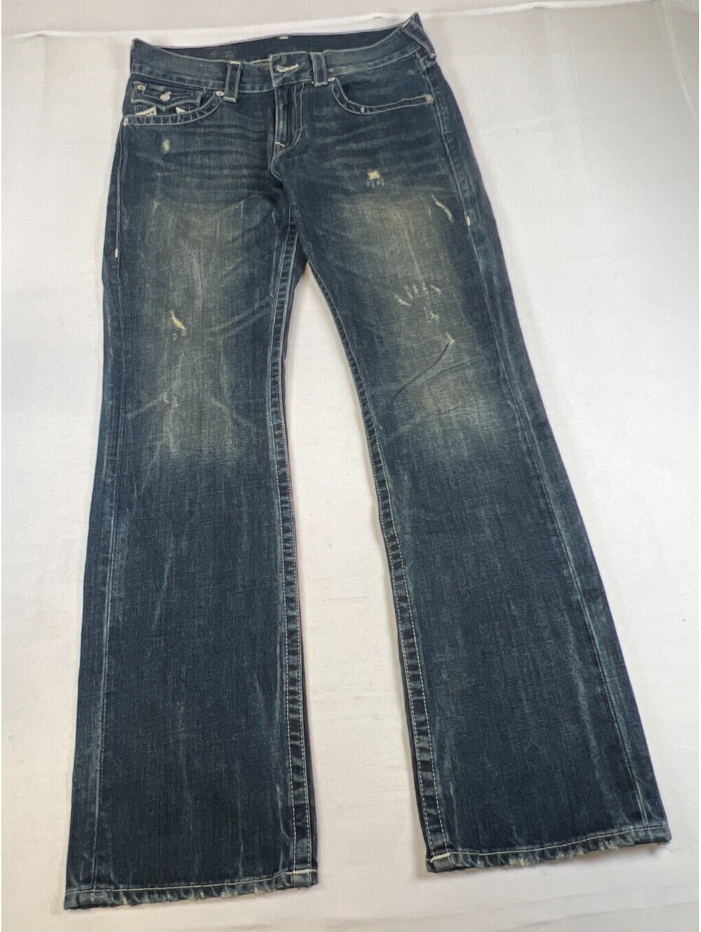 True Religion Straight Flap Pocket Jeans Mens Size 32x34 Natural Chain Logo Wash